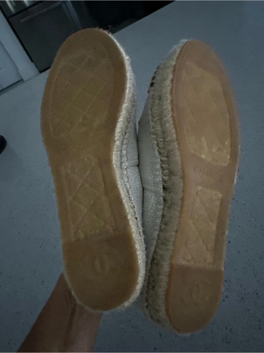 CHANEL Two-Tone Crackle Espadrilles in Cream and Black